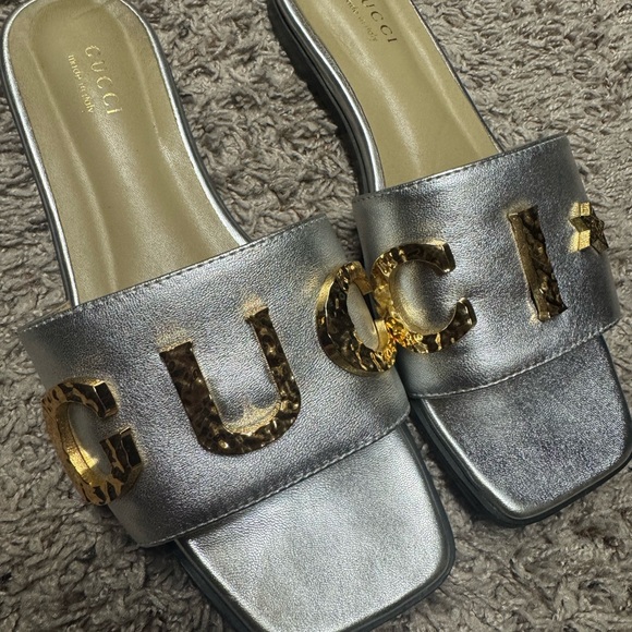 Gucci Shoes - Gucci Metallic Silver and Gold Slide Sandals